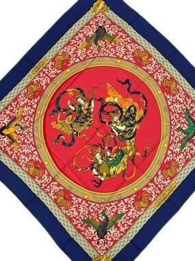 HERMES Carre 90 Dark Navy Red Yellow Scarf